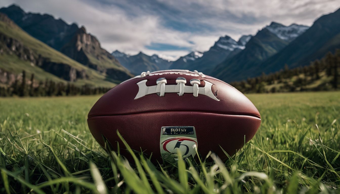 American football on grass with mountainous backdrop.