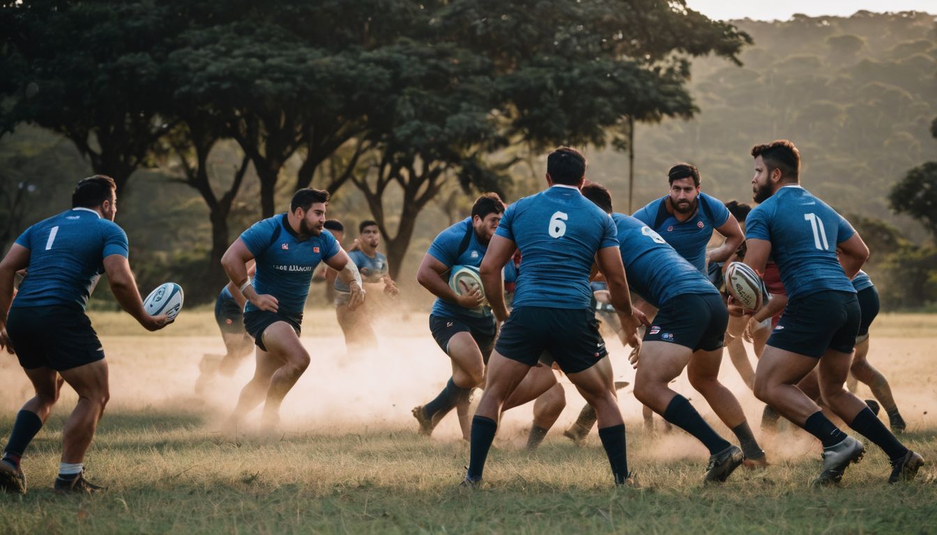 A rugby team in blue jerseys engaged in an intense practice session on a dusty field.