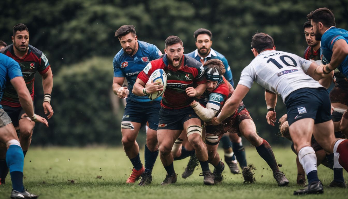 Rugby player in focus making a determined run with the ball as opponents close in during a match.