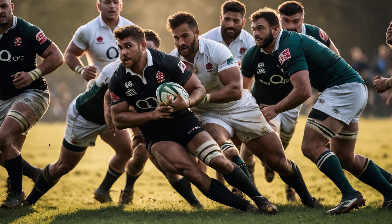 Rugby players fiercely competing for possession of the ball during a match at sunset.