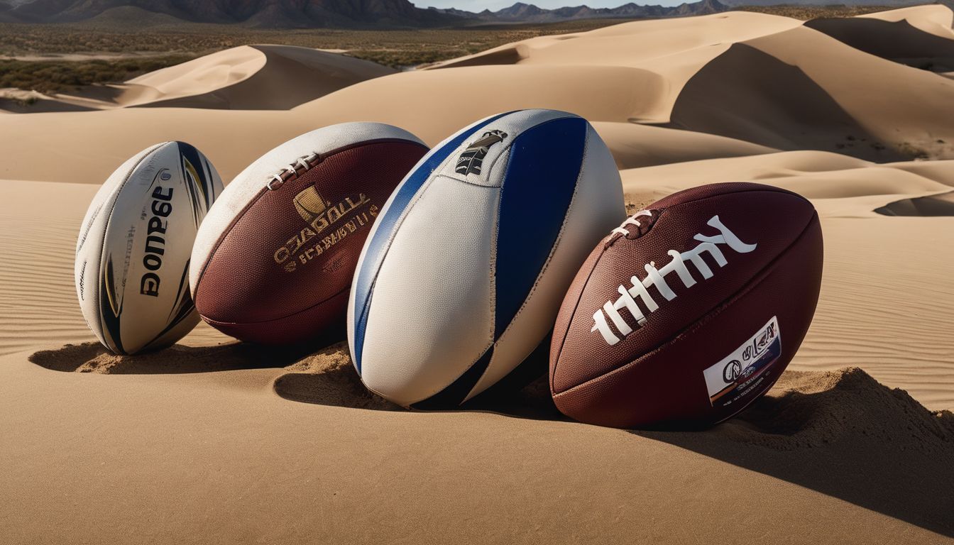 Three rugby balls of different colors and brands on a sandy desert terrain.