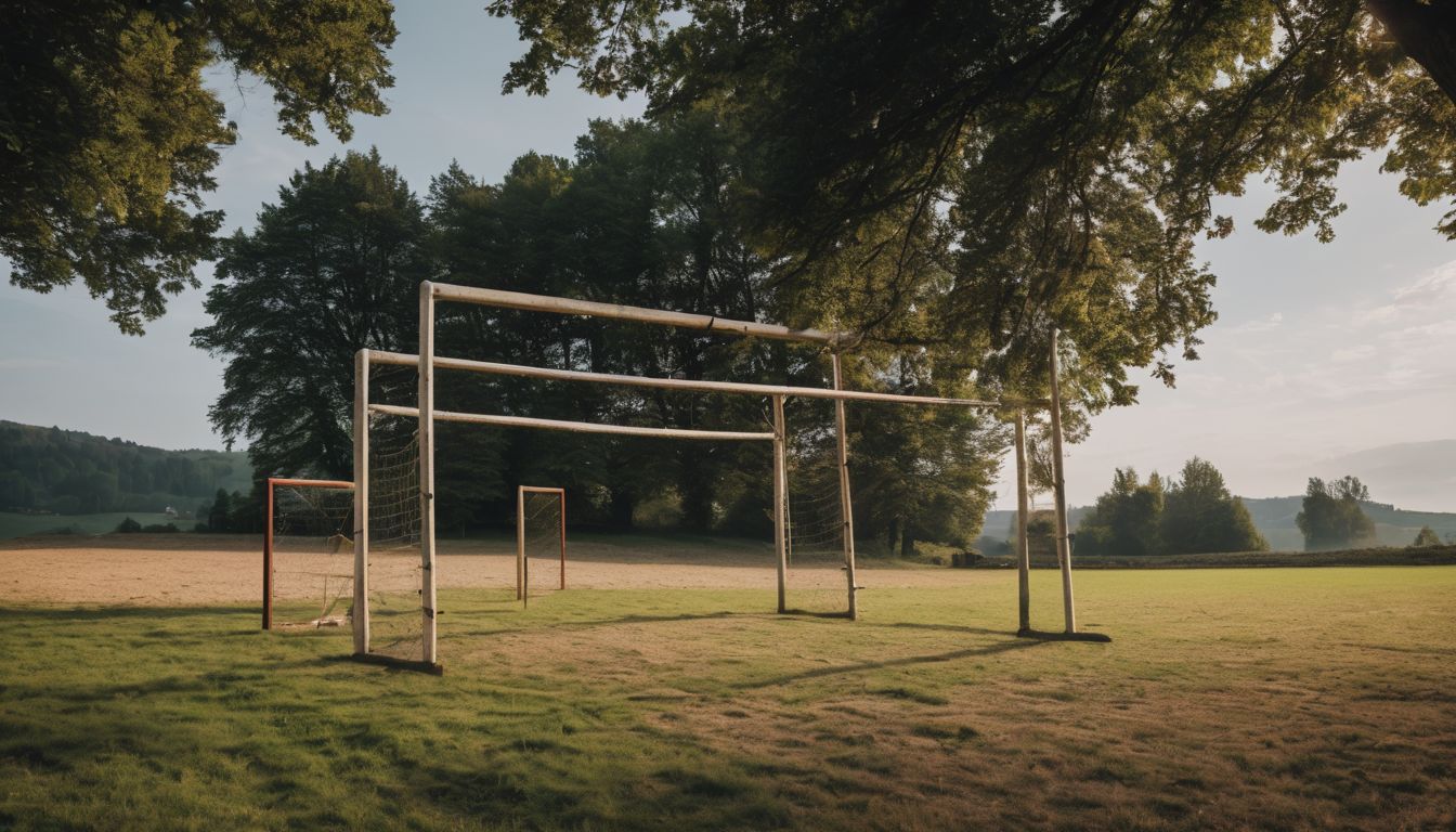 Empty rugby goals on a grassy field with trees and soft sunlight.