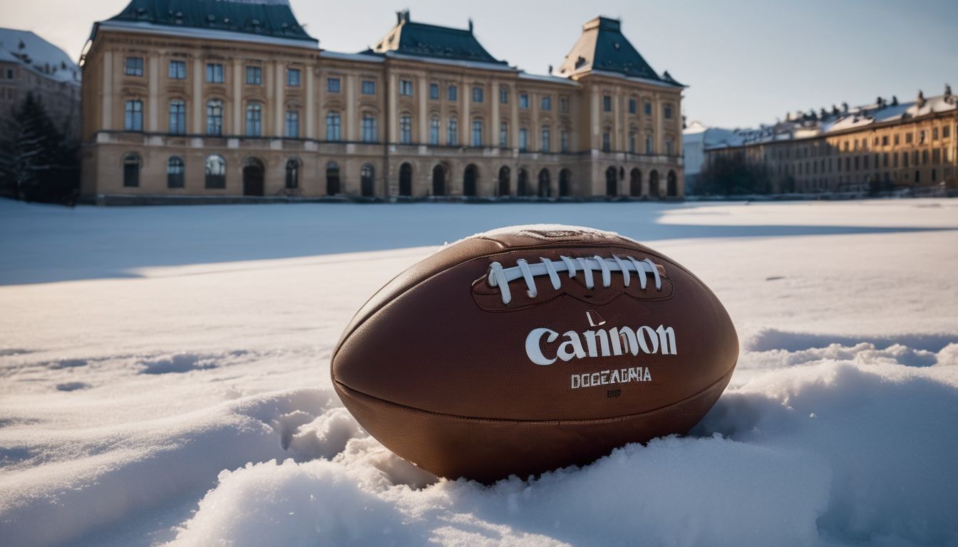 An american football rests on a snow-covered ground with a classical building in the background.