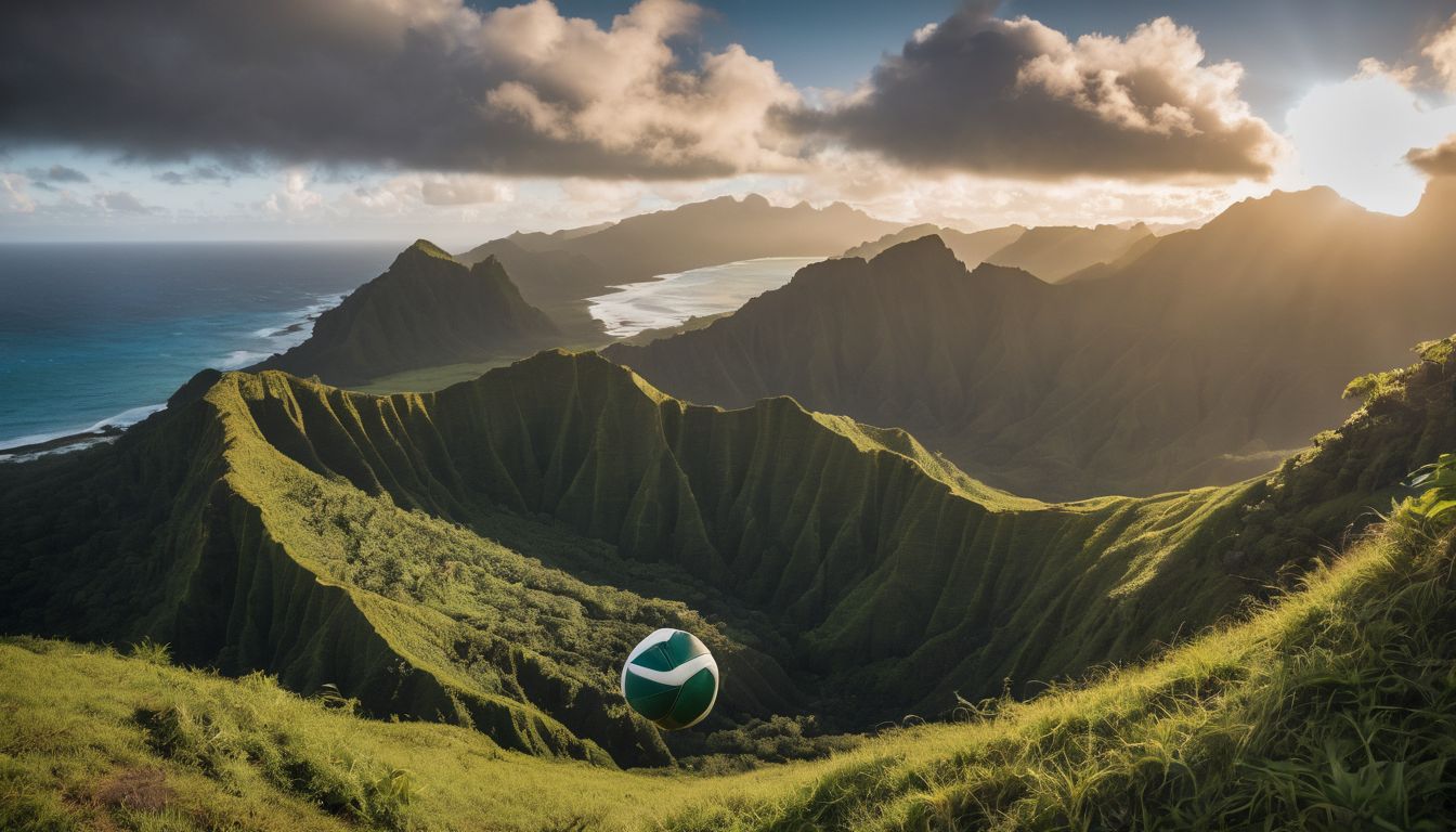 A volleyball rests on a verdant hillside overlooking a dramatic coastline at sunset.
