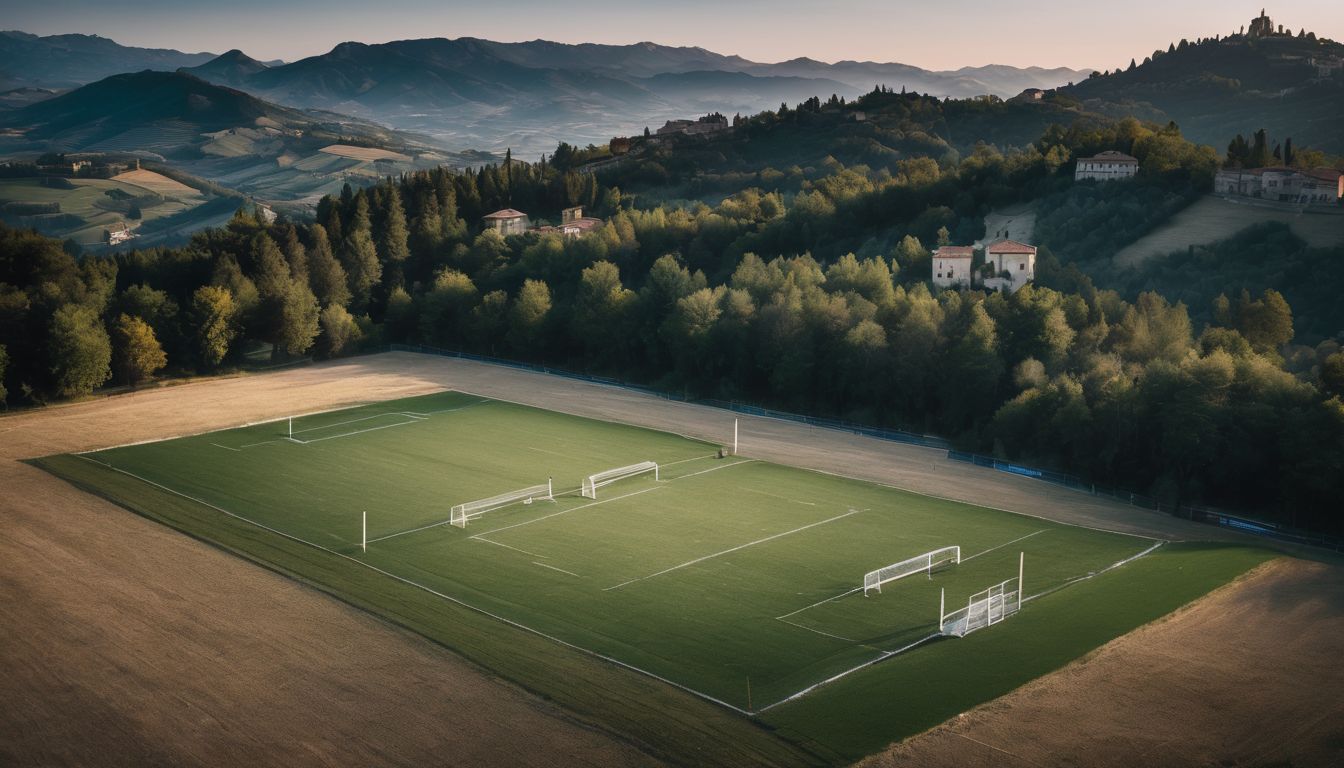 A serene rural landscape at dusk with two adjacent soccer fields amidst rolling hills.