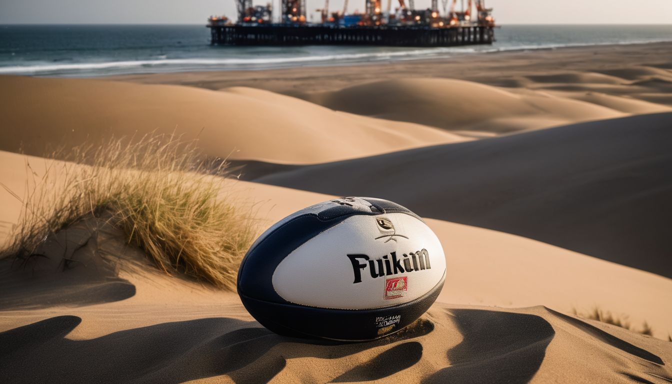 A rugby ball on a sandy dune with an industrial structure in the background at dusk.