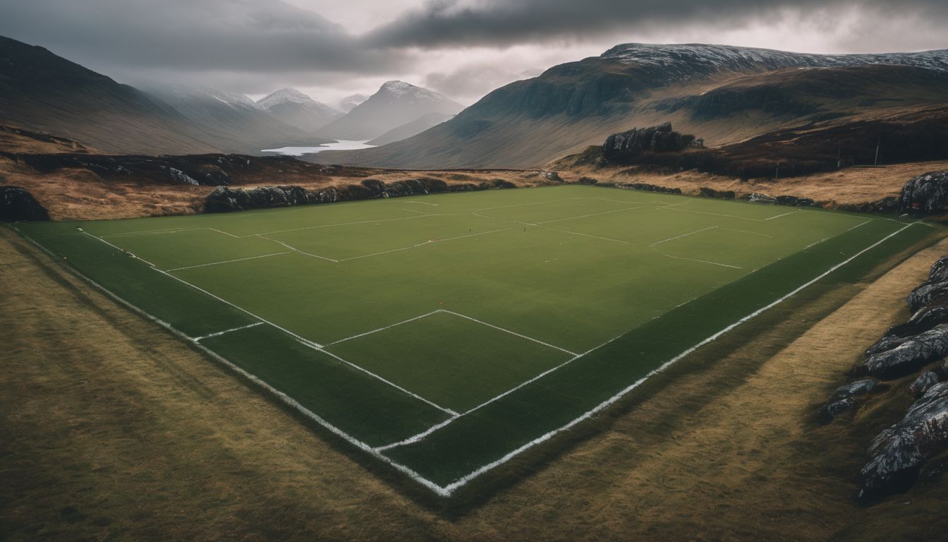 A secluded soccer field nestled among majestic mountains and valleys under an overcast sky.