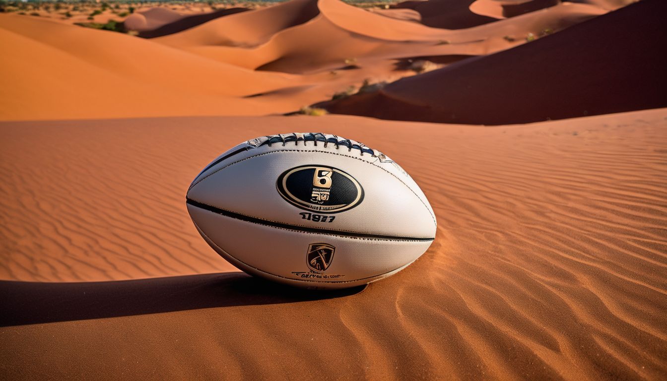 An american football resting on sandy desert dunes.