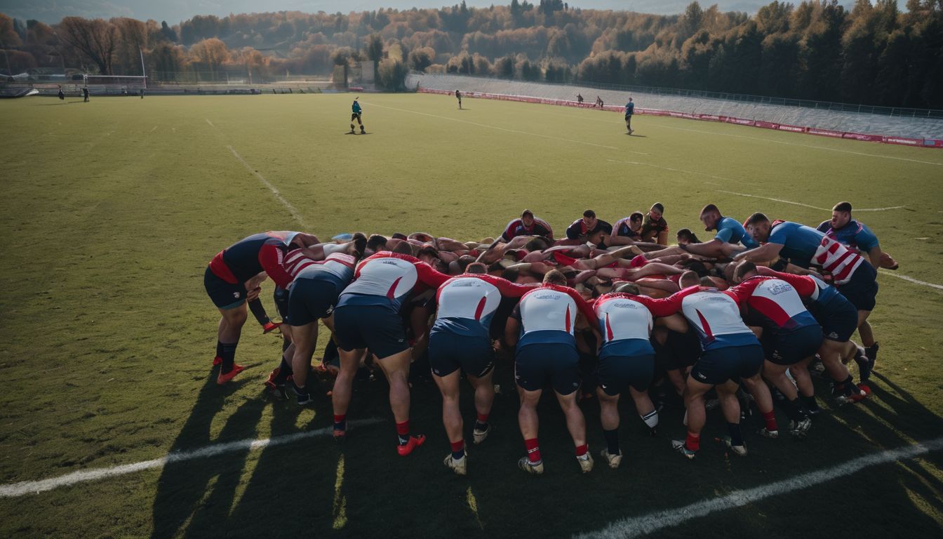 Rugby teams engaged in a scrum during a match.