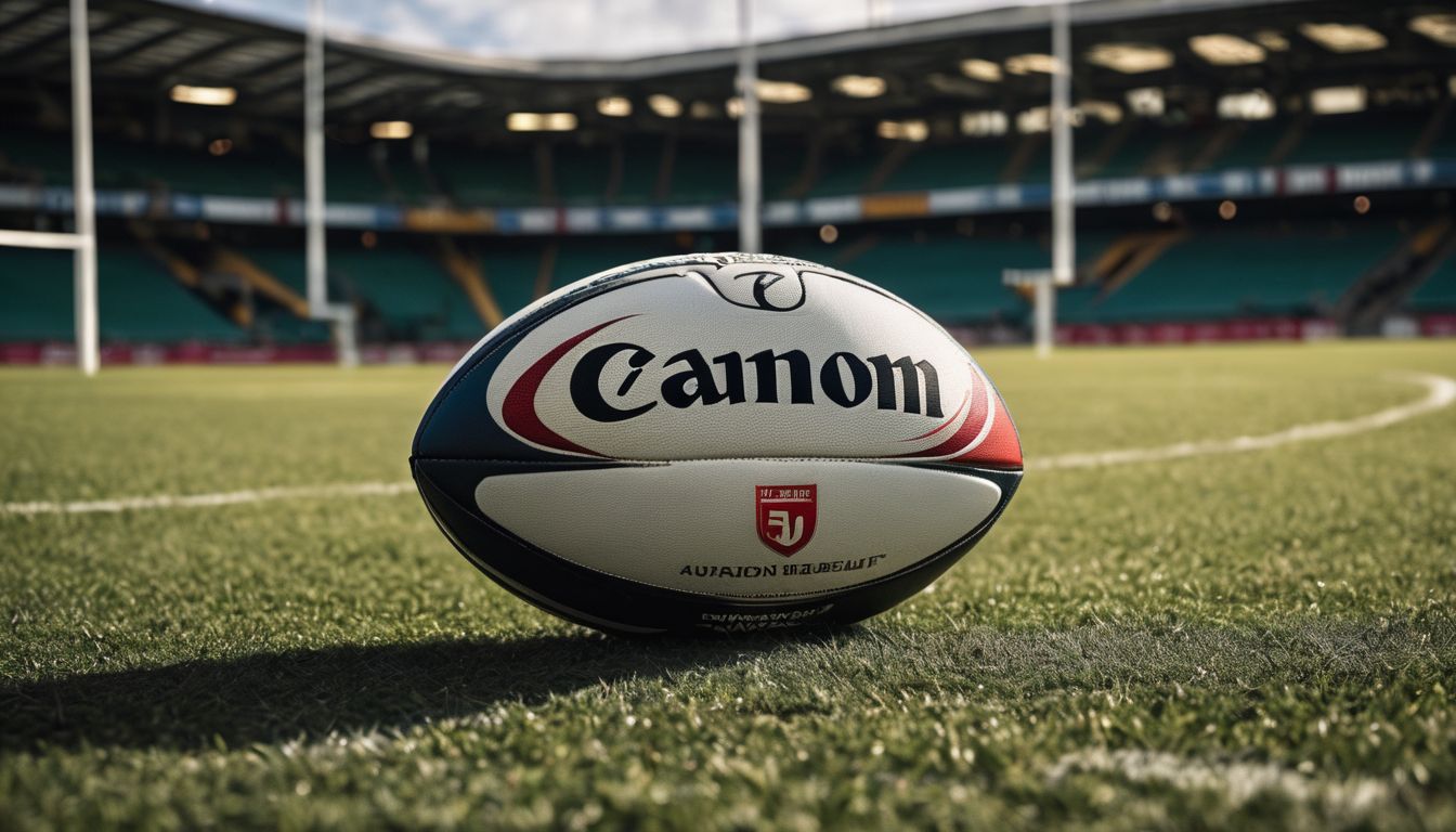 A rugby ball centered on a grass field with stadium stands in the background.