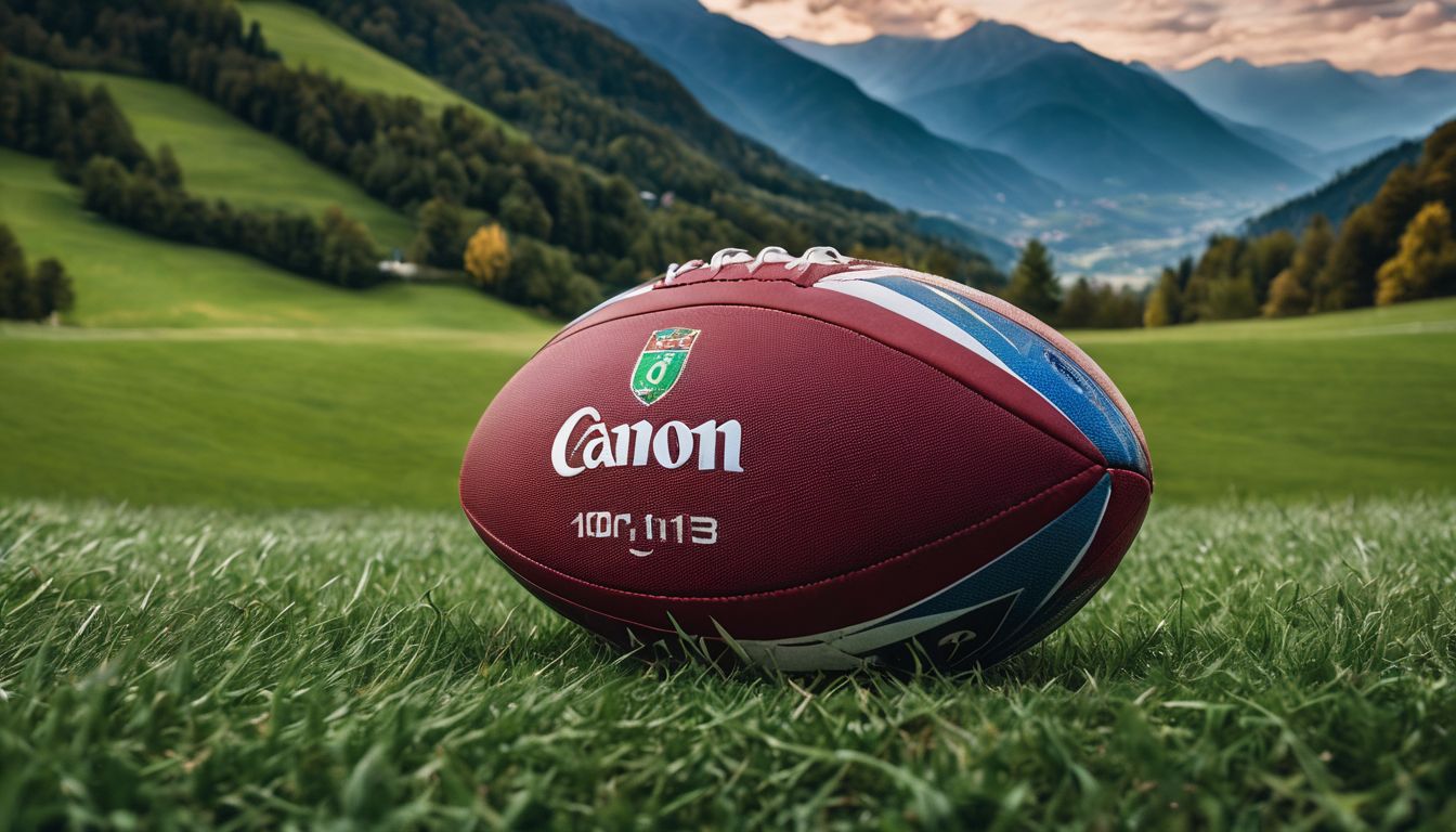 A rugby ball on grass with a mountainous backdrop.