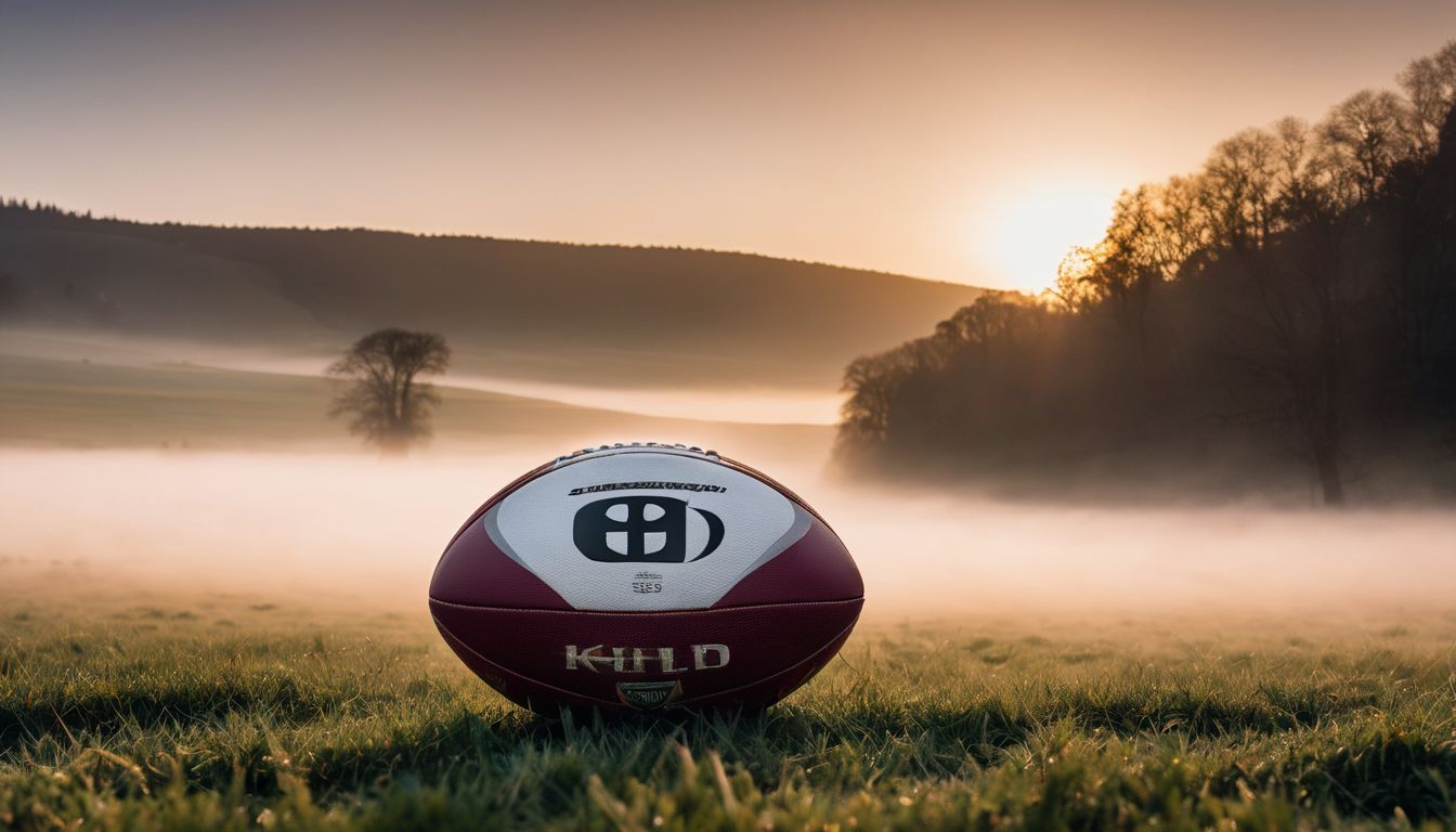 A rugby ball on grass at sunrise with mist covering the background landscape, symbolizing The Tigers' Tenacity in Asian Rugby.