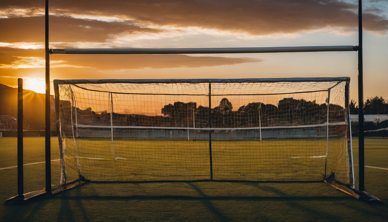 A rugby goal silhouetted against a sunset sky on an empty field, highlighting Spain's emerging power in European rugby.