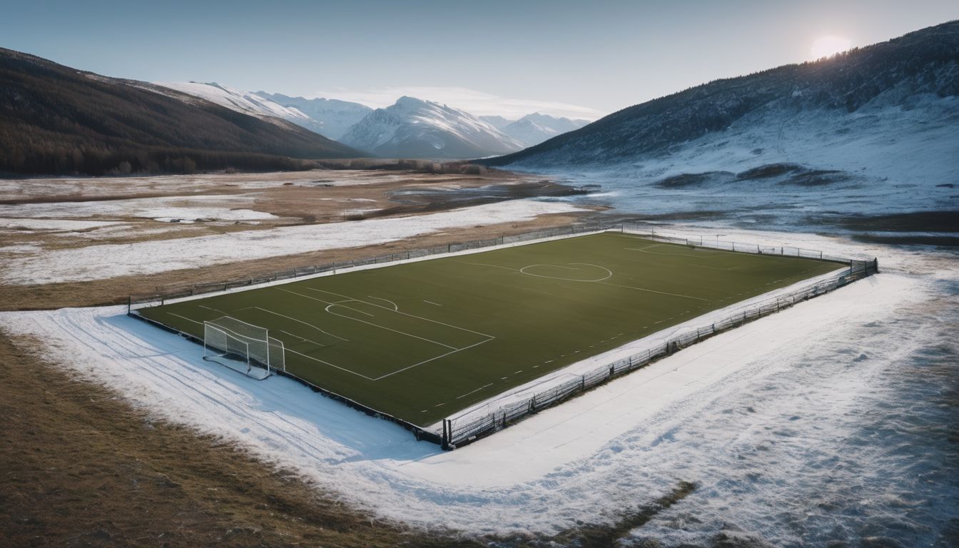 A soccer field surrounded by a fence with partial snow cover, set against a backdrop of mountains and a valley at dusk.