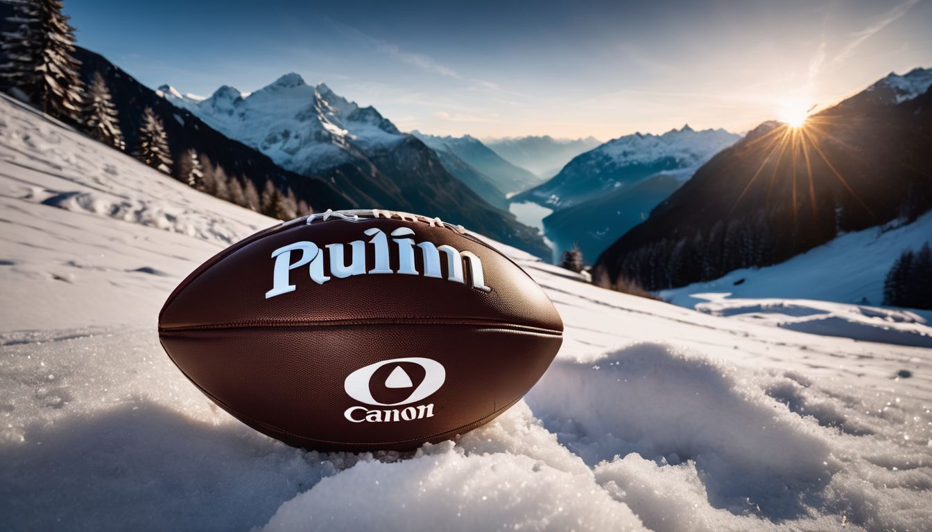 A football with the canon logo placed on a snow-covered terrain with mountains and a sunrise in the background.