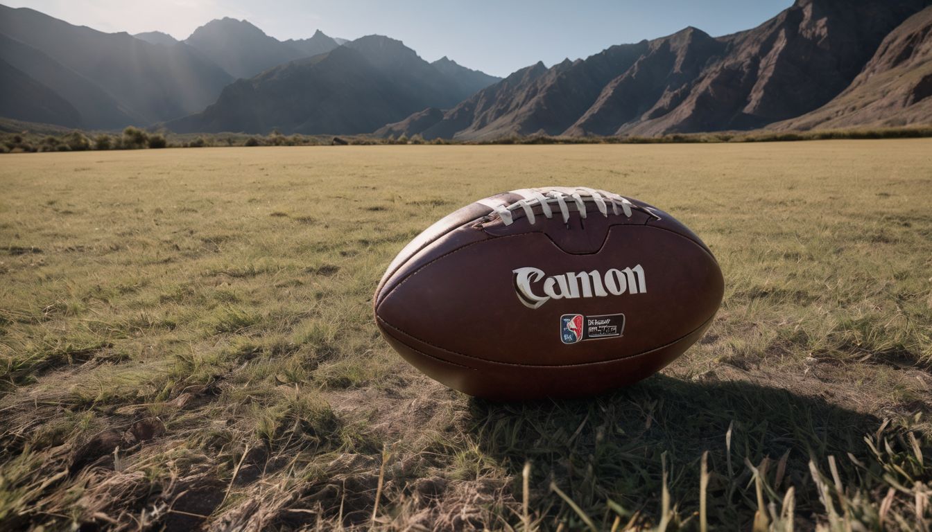 A rugby ball branded with "canon" on a grass field with mountains in the background.