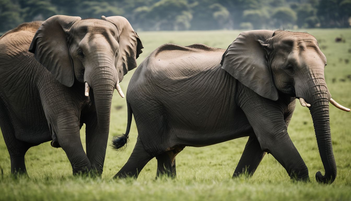 Two elephants walking side by side on a grassy field.