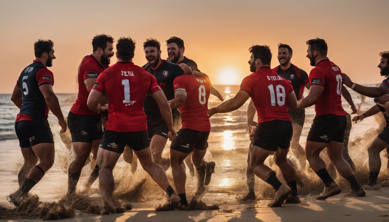 Rugby players enjoying a team bonding session on the beach at sunset.