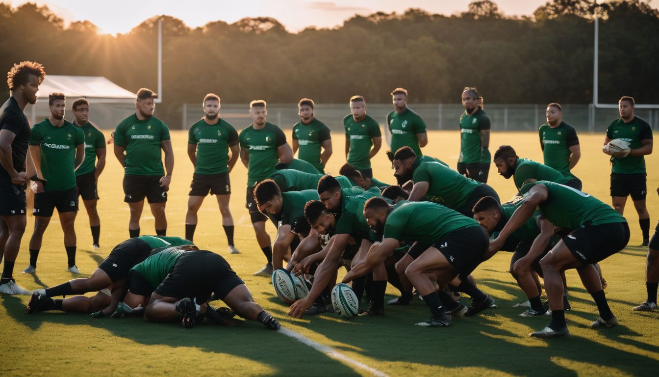 Rugby players performing a pre-match huddle on a sunlit field.