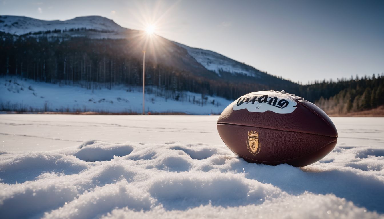 American football rests on snow with a mountainous backdrop and the sun shining in a clear blue sky.
