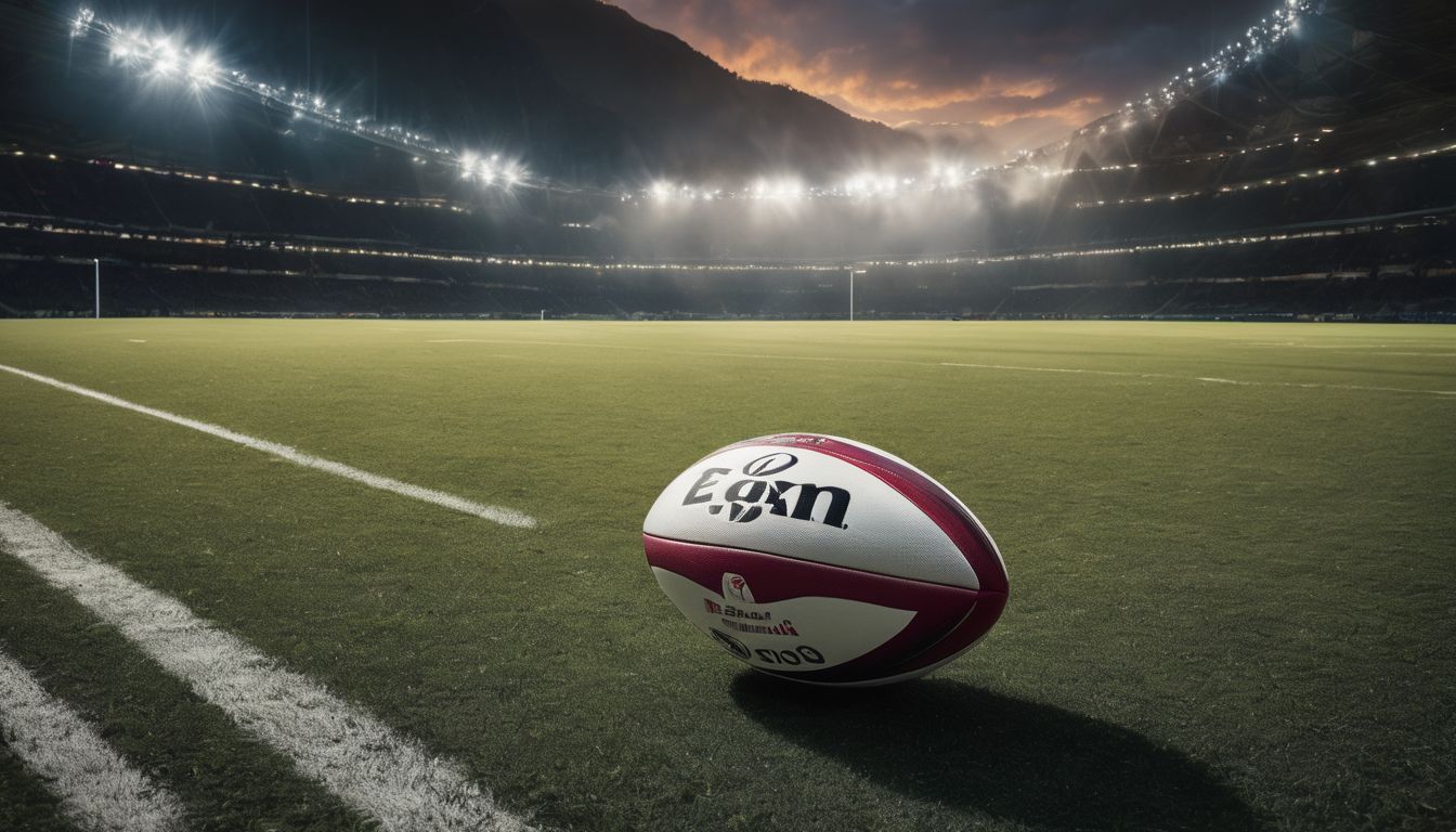 Rugby ball on a well-lit stadium field at dusk.