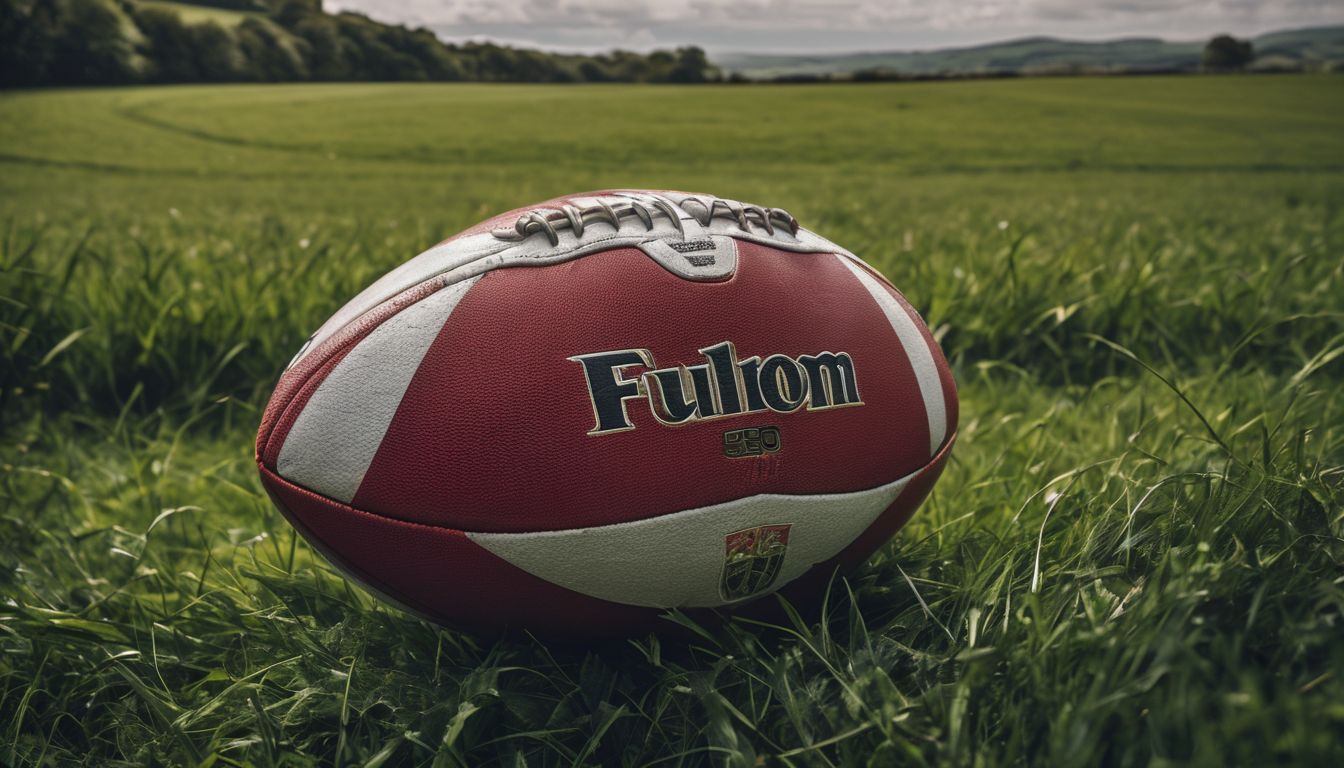A rugby ball labeled "fulion" resting on grass with a countryside backdrop.