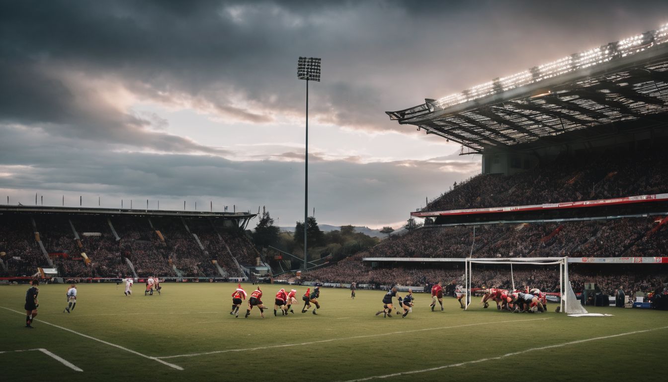 Rugby match underway at a stadium with dramatic cloudy skies as spectators look on.