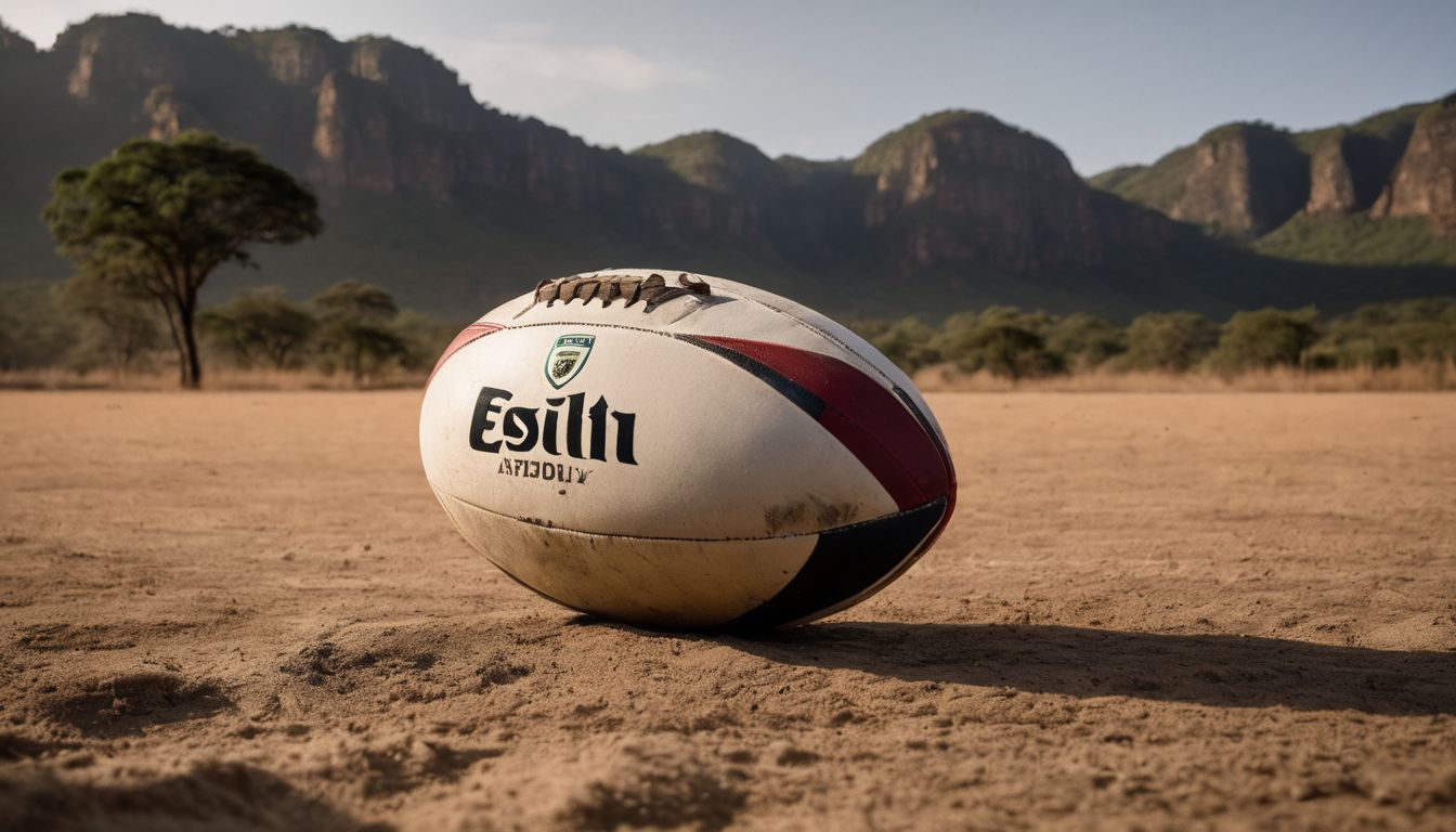 A rugby ball on a dusty field with mountains in the background.