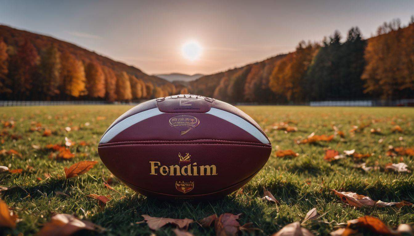 Rugby ball on field with autumn leaves against sunset backdrop.