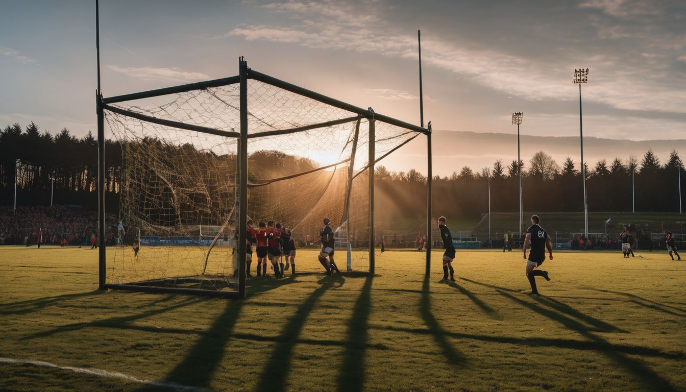 Soccer players on a field during a match at sunset with the sunlight casting long shadows on the grass.