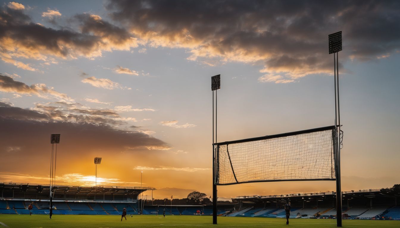 Sunset over a sports stadium with floodlights and players on the field.