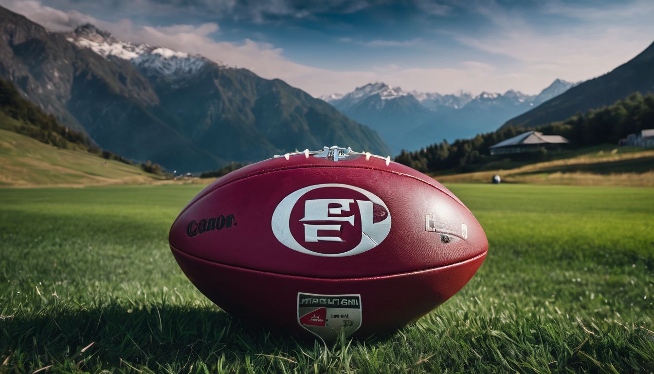 A rugby ball branded with logos on a grass field with mountains in the background.