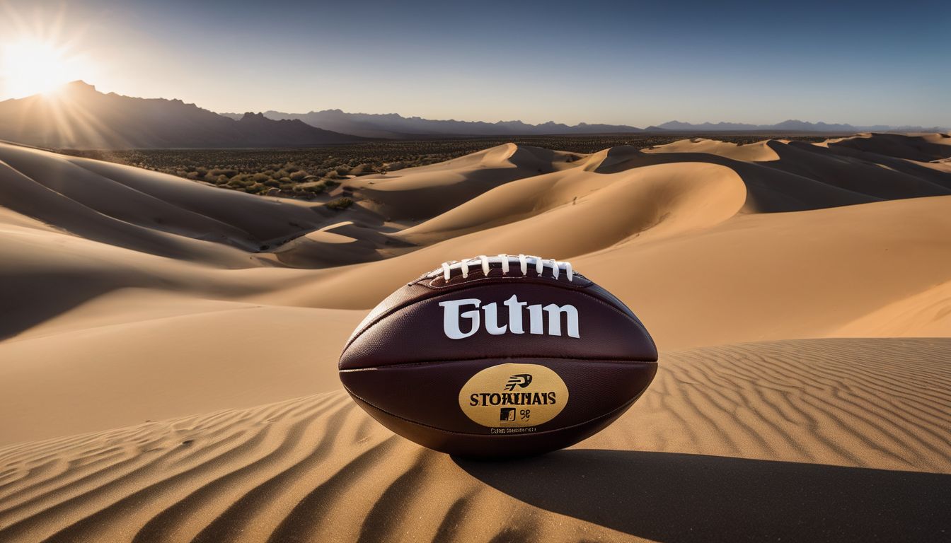 An american football rests on a sandy dune with rolling desert landscape and mountains in the background during sunset.