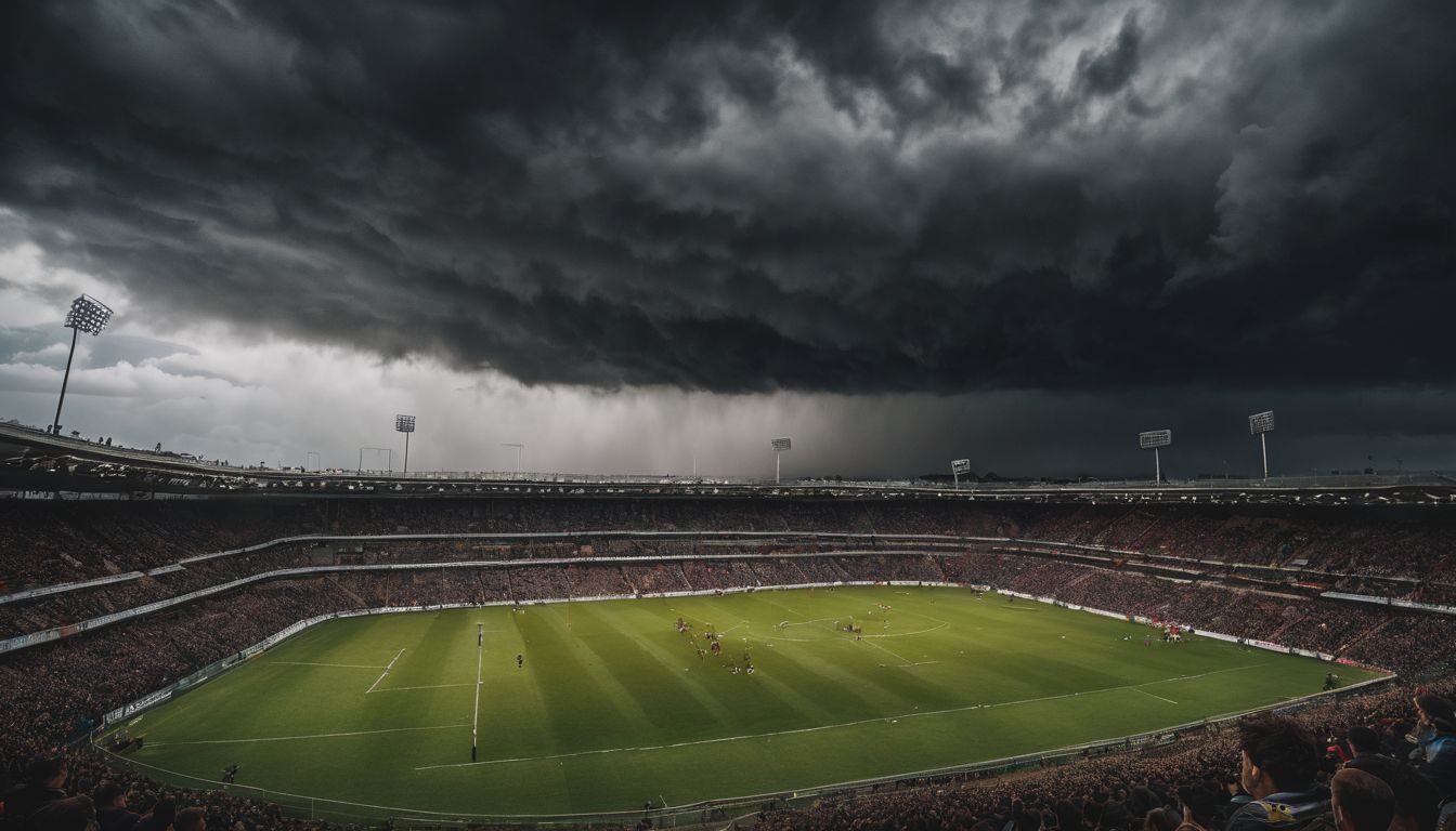 A dramatic overcast sky looms over a crowded stadium during a soccer match.