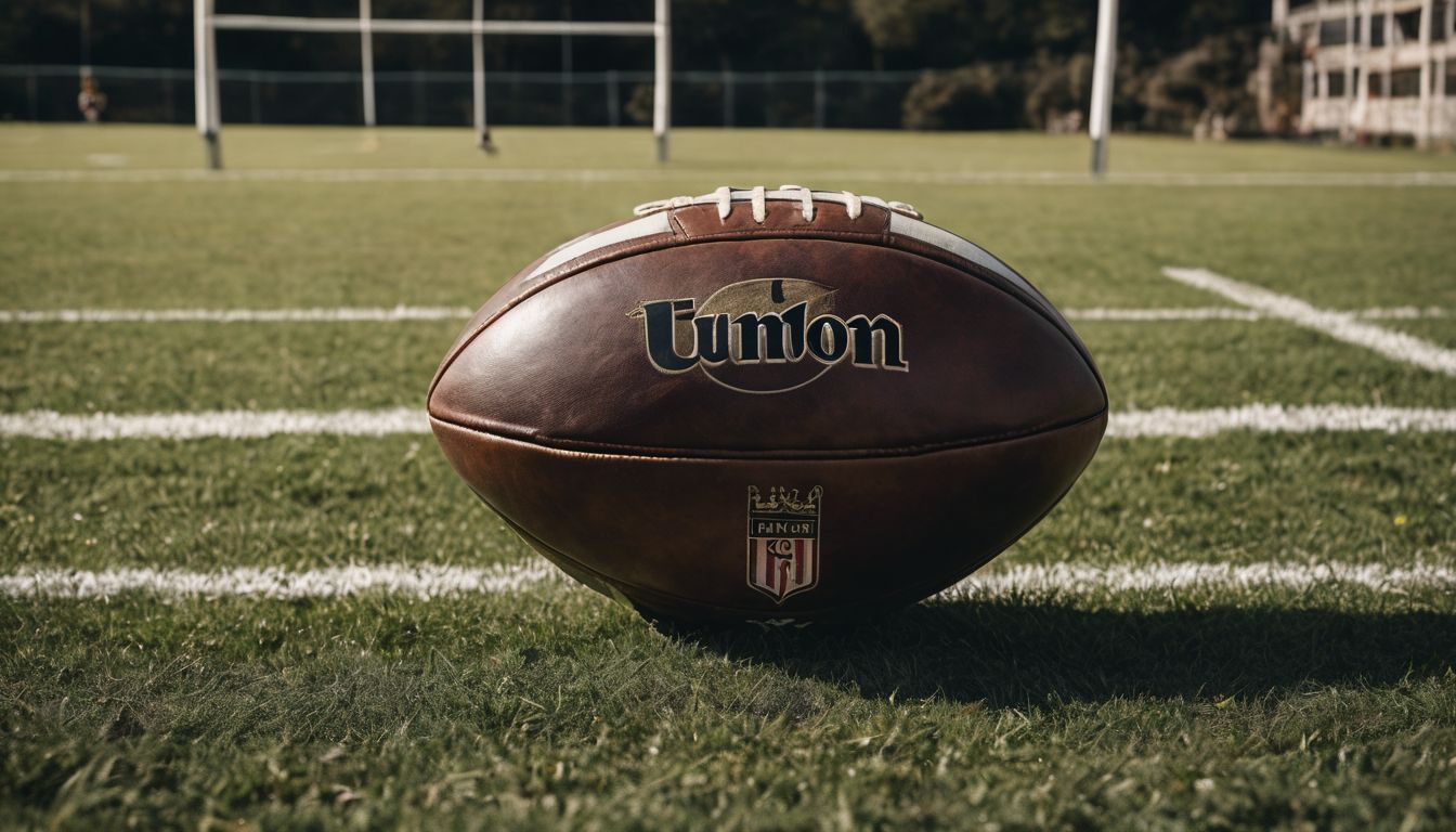 A rugby ball branded with "union" on the grass with goal posts in the background.