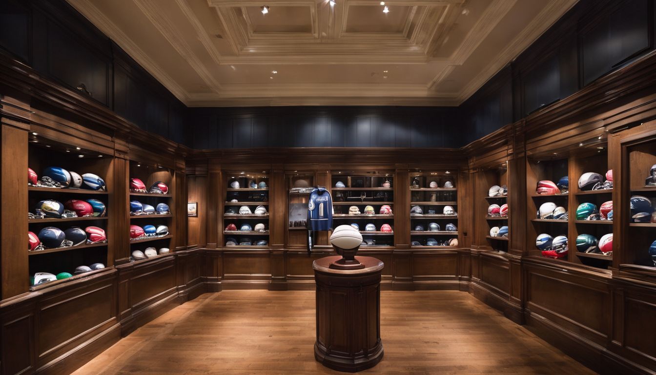 An elegant sports memorabilia room with dark wood paneling, featuring a collection of basketballs on shelves and a jersey displayed in the center.