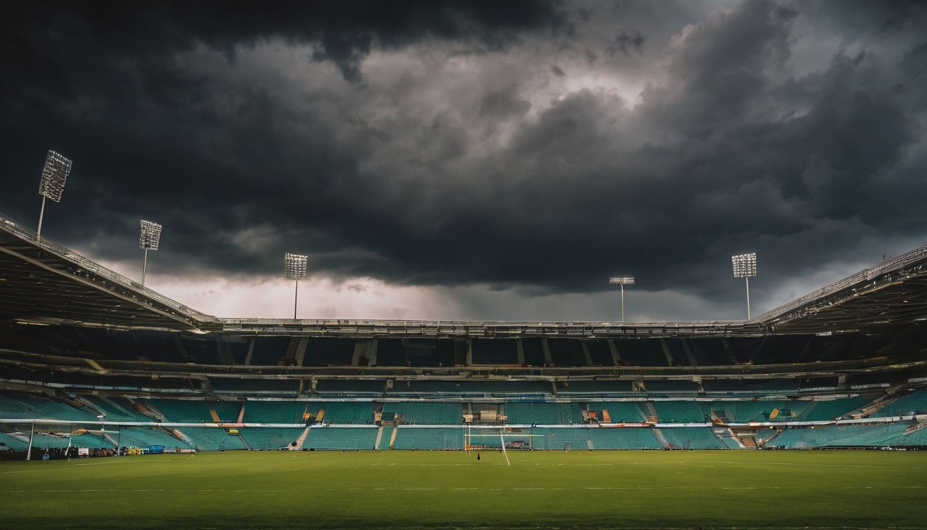 Storm clouds gathering over an empty sports stadium with floodlights.