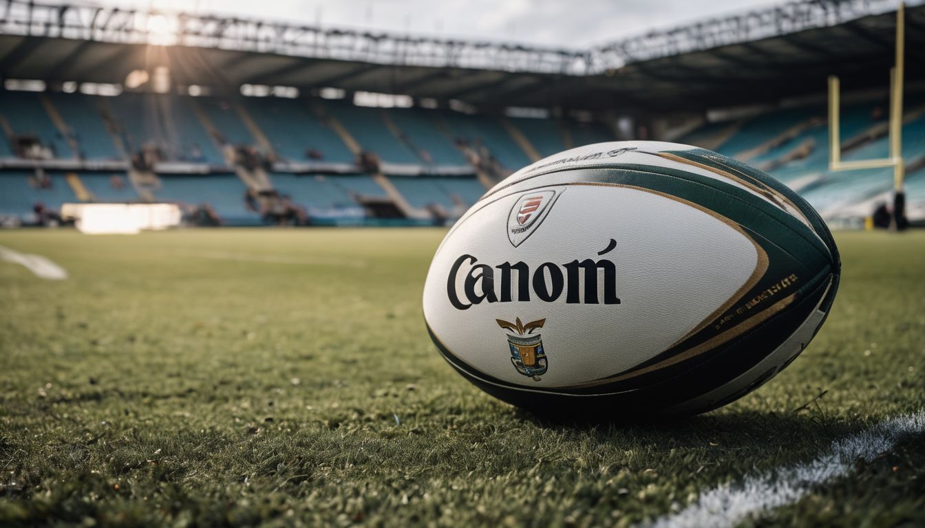 A rugby ball branded with "canon" on the field with stadium seats in the background.
