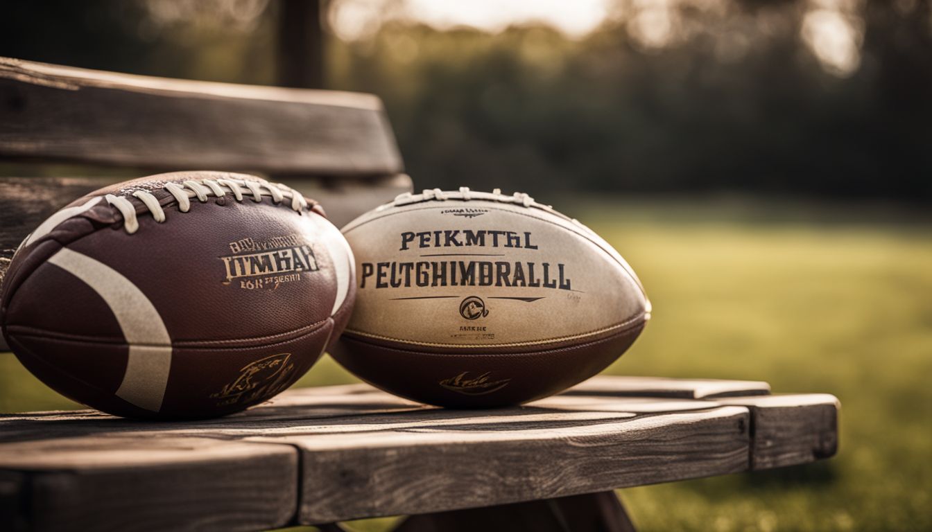 Two american footballs resting on a wooden bench with a blurred natural background at sunset.