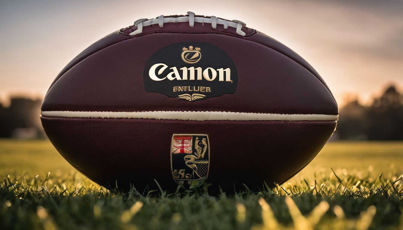A close-up of a rugby ball branded with the word "cannon" placed on a grassy field at sunset.