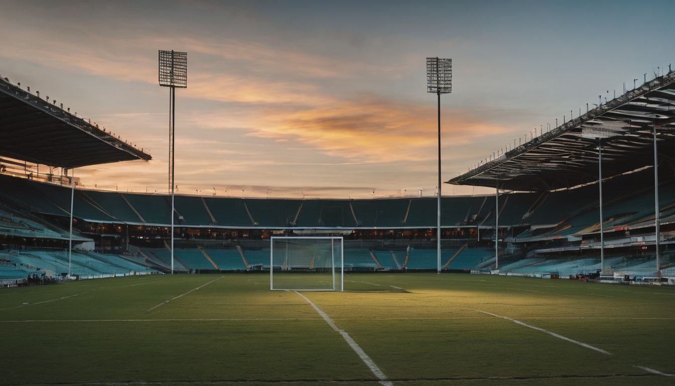 Sunset at an empty stadium with a well-maintained soccer field and turned-off floodlights.