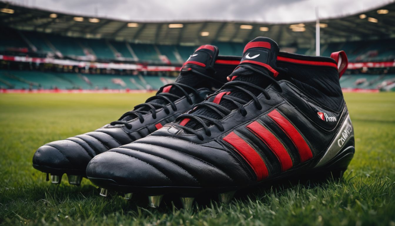 A pair of black and red soccer cleats on a grass field with an empty stadium in the background.