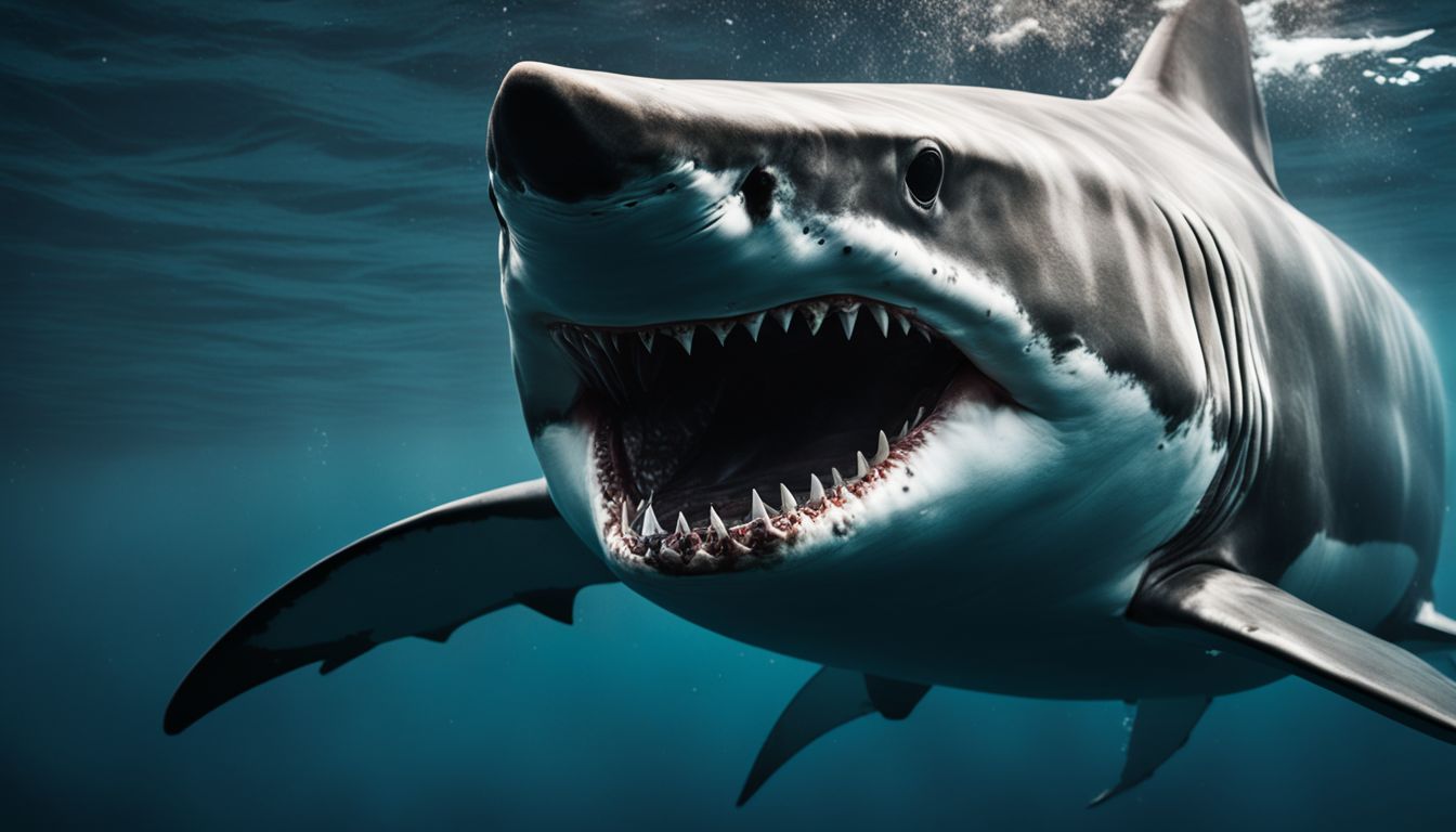 Great white shark swimming with mouth open, revealing sharp teeth.