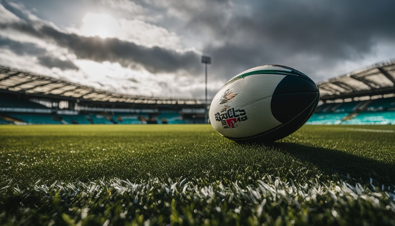 Rugby ball on the grass with an empty stadium in the background.