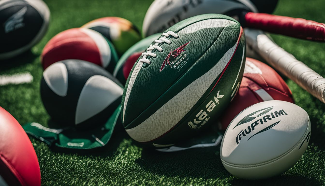 Assorted rugby balls on a grassy field.