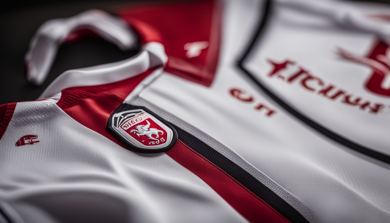 Close-up of a white and red soccer jersey with a club crest and sponsor logos.