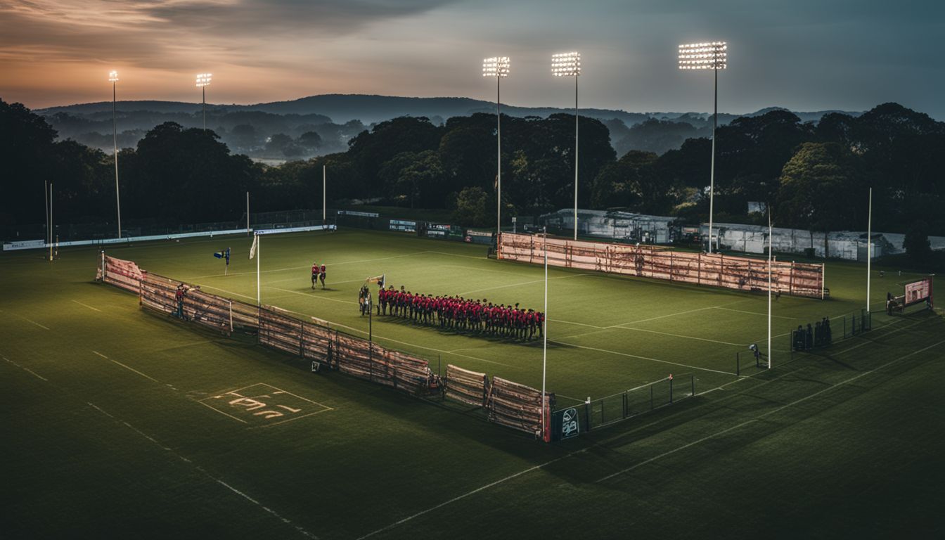 A group of athletes gathered on a rugby pitch during dusk, with floodlights illuminating the field.