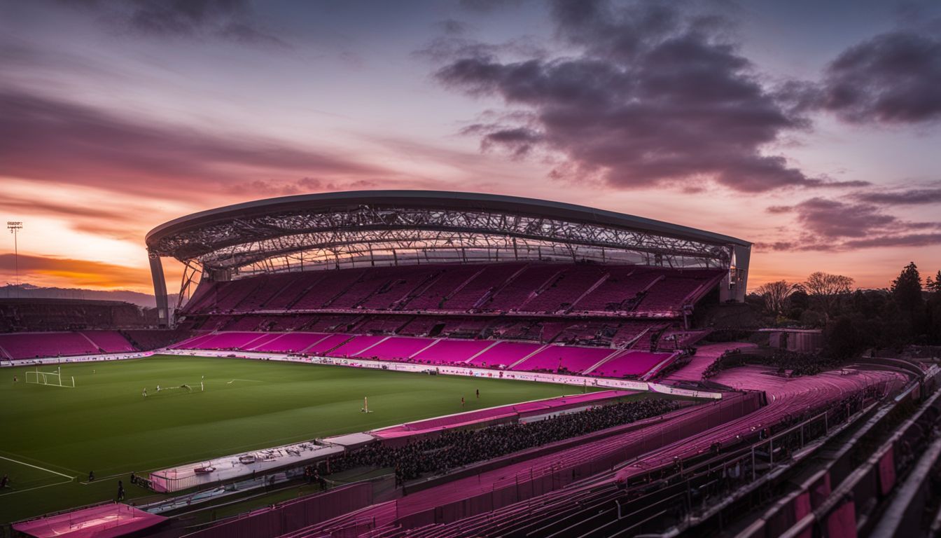 A scenic sunset over a nearly empty soccer stadium with pink and purple skies.