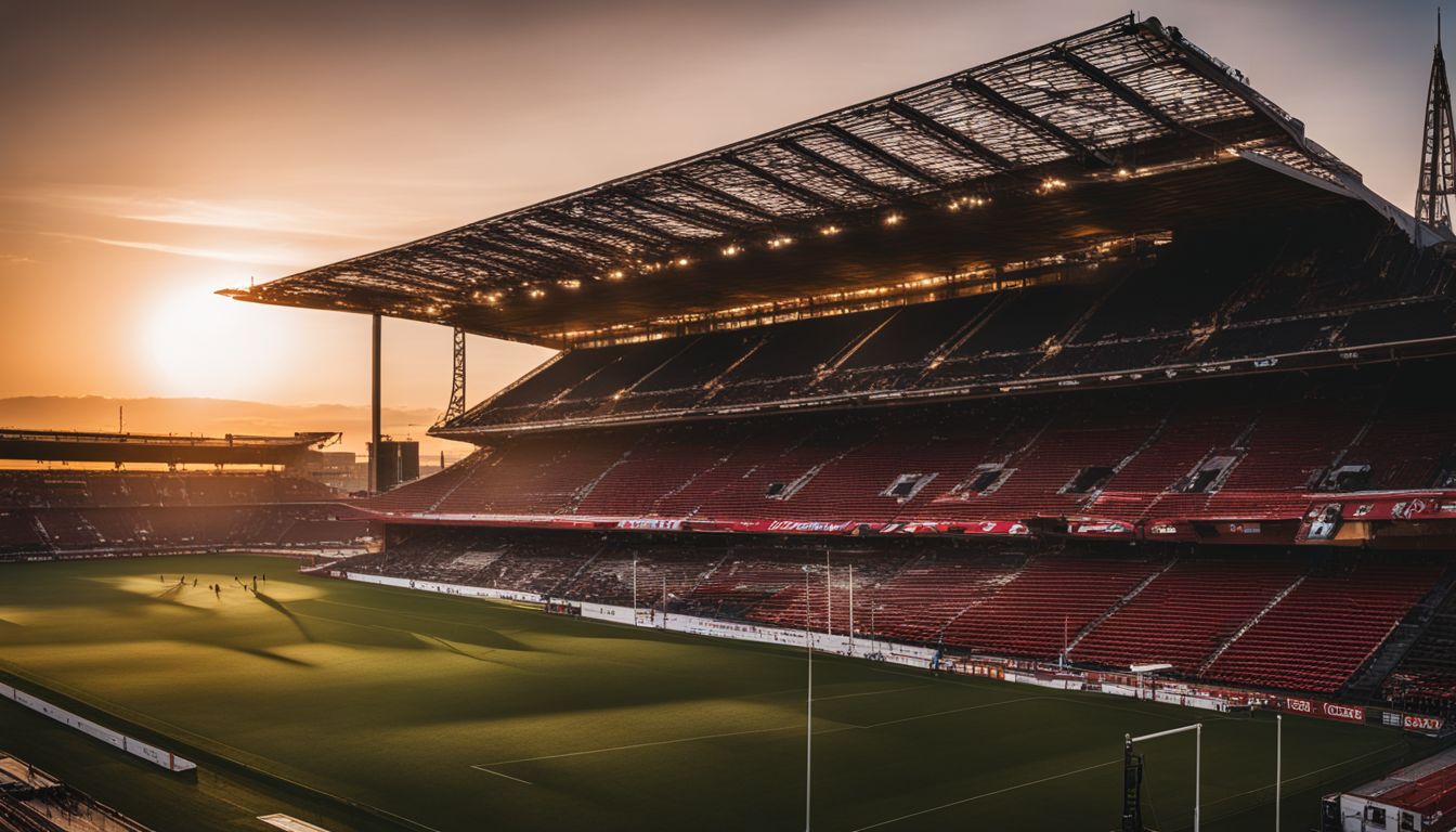 Sunset over an empty stadium with sunlight casting a warm glow on the seats and field.