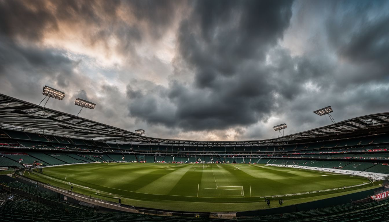 Panoramic view of an empty stadium under a dramatic cloudy sky.